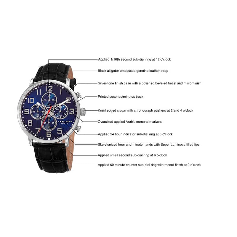 Akribos XXIV Men's Quartz Chronograph Leather Silver-Tone Strap Watch - Blue