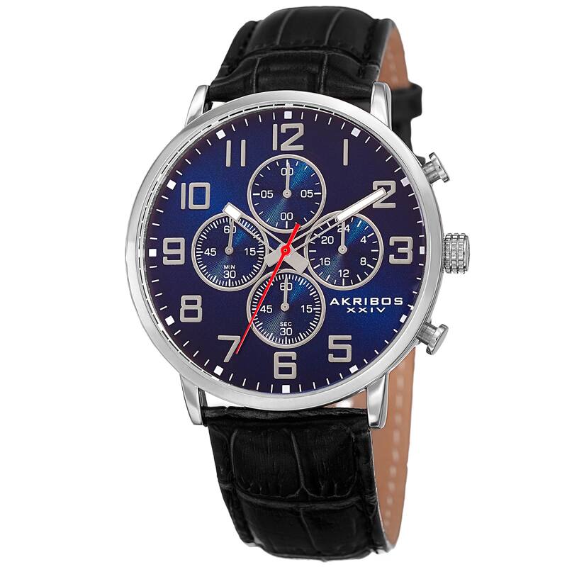 Akribos XXIV Men's Quartz Chronograph Leather Silver-Tone Strap Watch - Blue