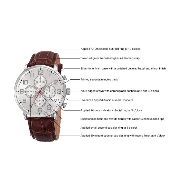 Akribos XXIV Men's Quartz Chronograph Leather Silver-Tone Strap Watch - silver