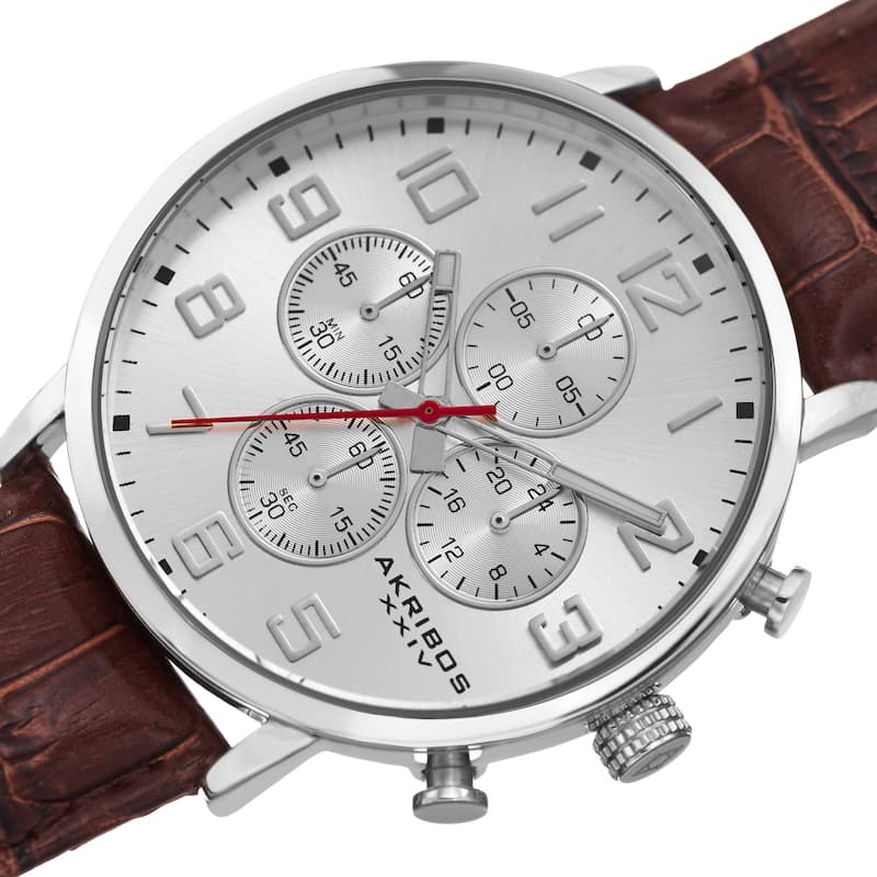 Akribos XXIV Men's Quartz Chronograph Leather Silver-Tone Strap Watch - silver