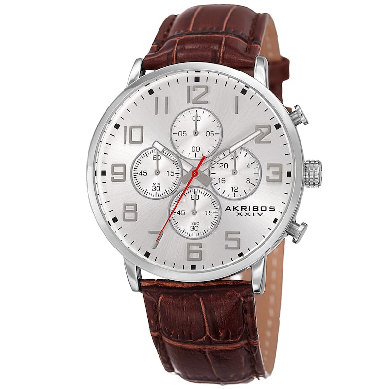Akribos XXIV Men's Quartz Chronograph Leather Silver-Tone Strap Watch - silver