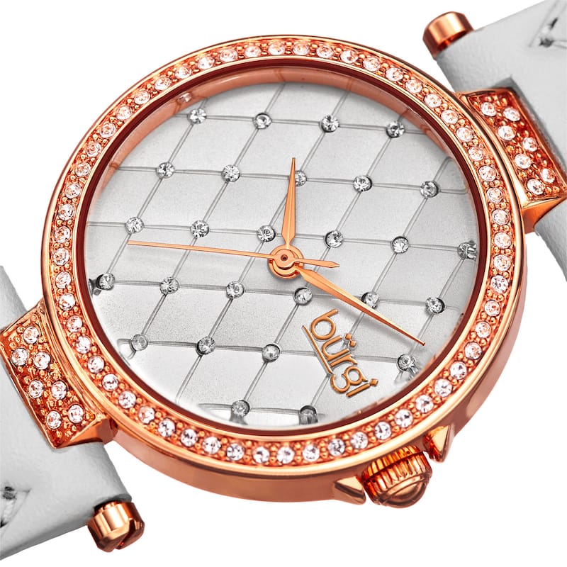 Burgi Women's Swarovski Crystals Quartz Quilted-Design Leather White Strap Watch