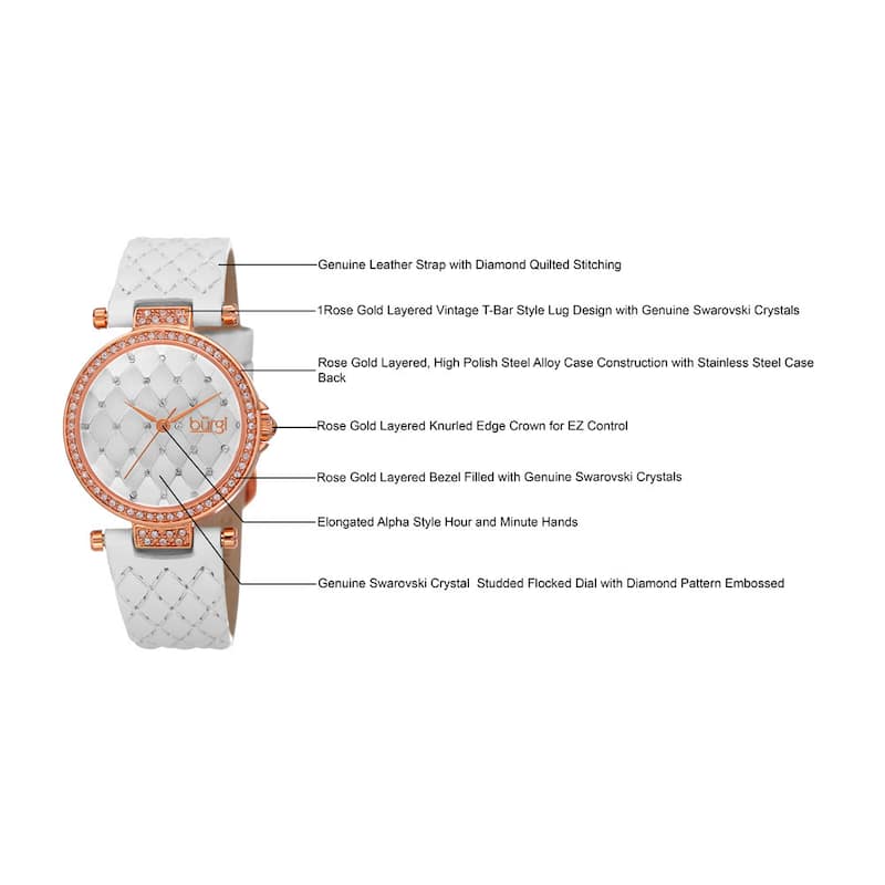 Burgi Women's Swarovski Crystals Quartz Quilted-Design Leather White Strap Watch