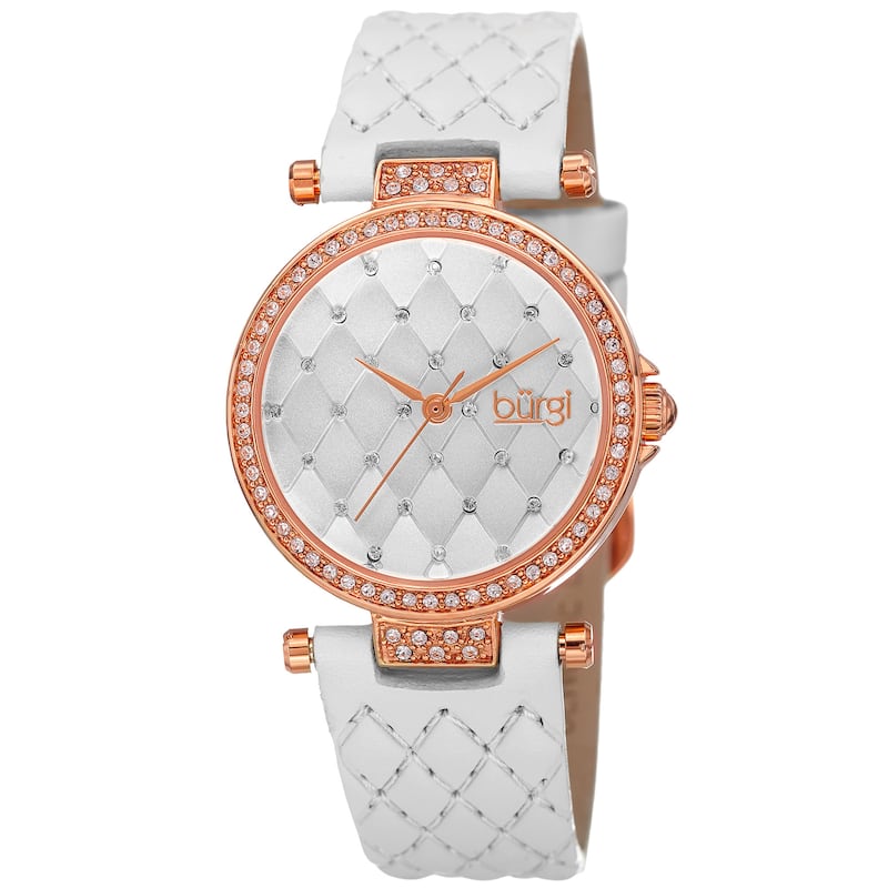 Burgi Women's Swarovski Crystals Quartz Quilted-Design Leather White Strap Watch