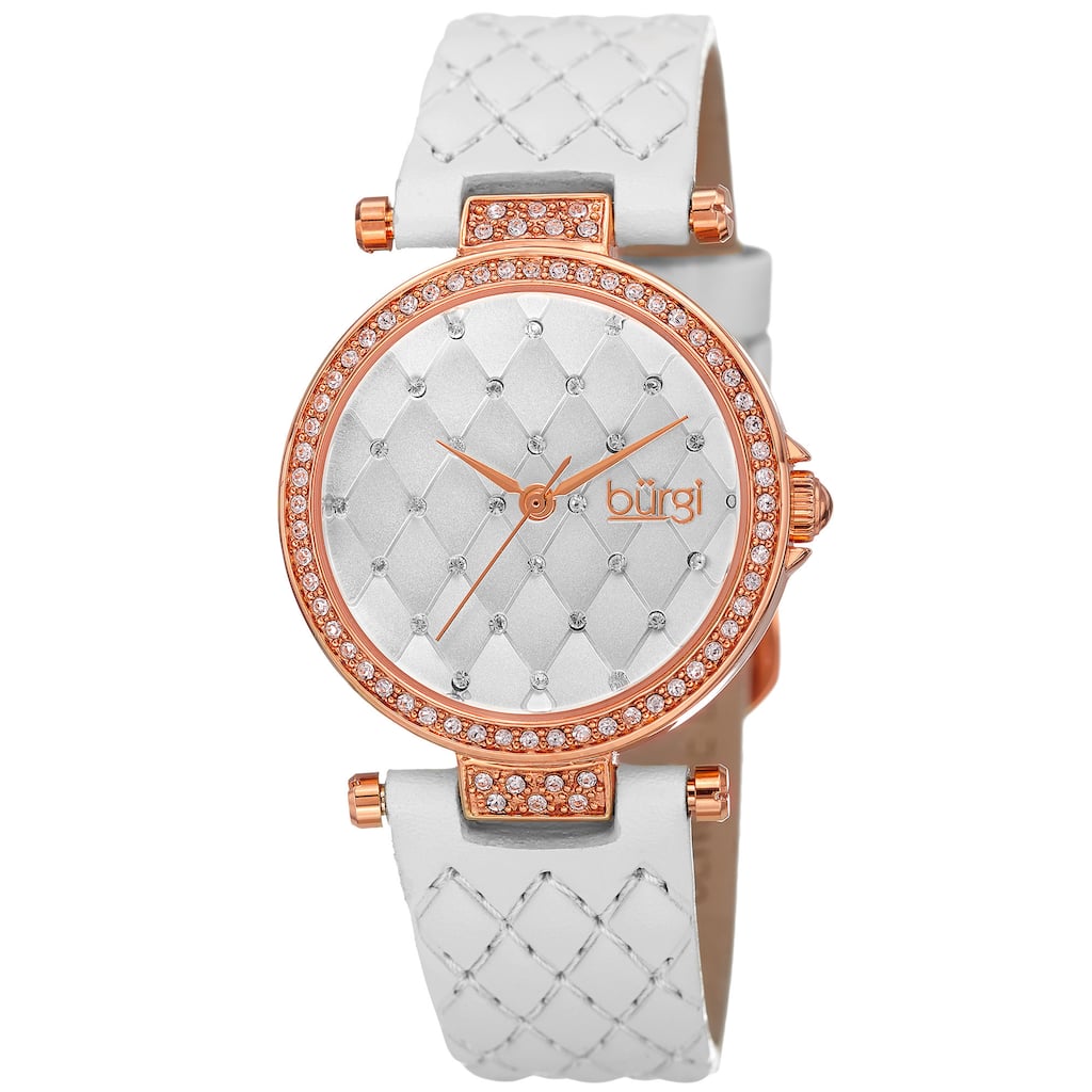 Burgi Women's Swarovski Crystals Quartz Quilted-Design Leather White Strap Watch