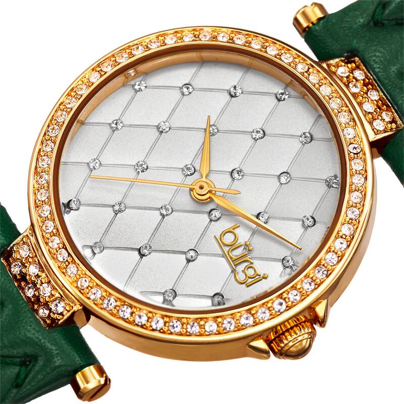 Burgi Women's Swarovski Crystals Quartz Quilted-Design Leather Green Strap Watch