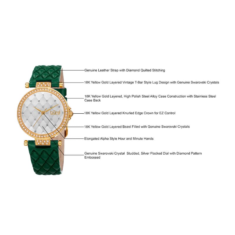 Burgi Women's Swarovski Crystals Quartz Quilted-Design Leather Green Strap Watch