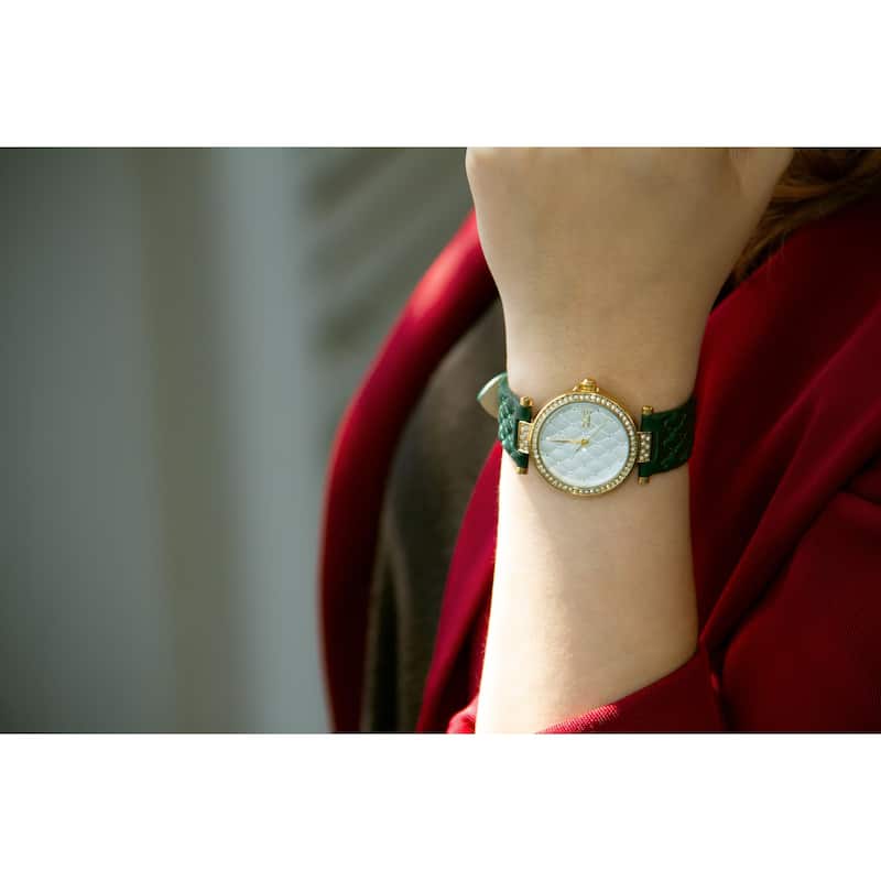 Burgi Women's Swarovski Crystals Quartz Quilted-Design Leather Green Strap Watch