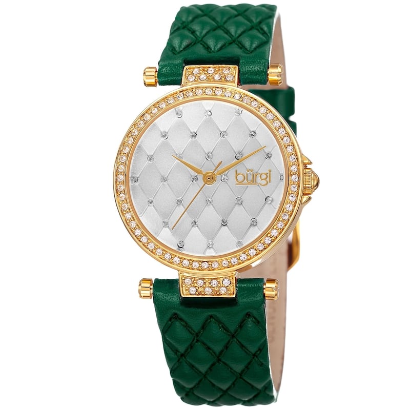 Burgi Women's Swarovski Crystals Quartz Quilted-Design Leather Green Strap Watch