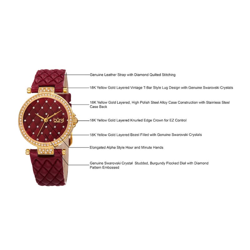 Burgi Women's Swarovski Crystals Quartz Quilted-Design Leather Strap Watch - Red