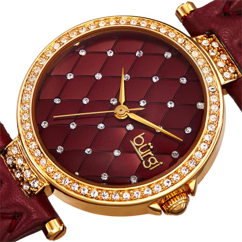 Burgi Women's Swarovski Crystals Quartz Quilted-Design Leather Strap Watch - Red