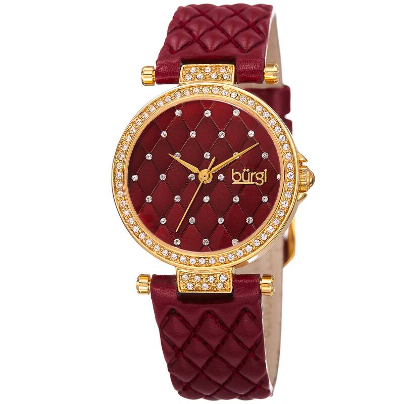 Burgi Women's Swarovski Crystals Quartz Quilted-Design Leather Strap Watch - Red