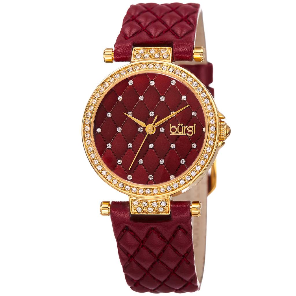 Burgi Women's Swarovski Crystals Quartz Quilted-Design Leather Strap Watch - Red