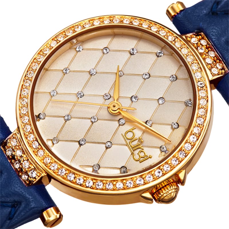 Burgi Women's Swarovski Crystals Quartz Quilted-Design Leather Blue Strap Watch
