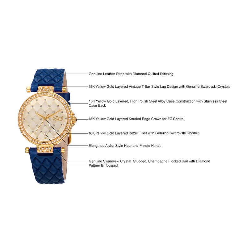 Burgi Women's Swarovski Crystals Quartz Quilted-Design Leather Blue Strap Watch