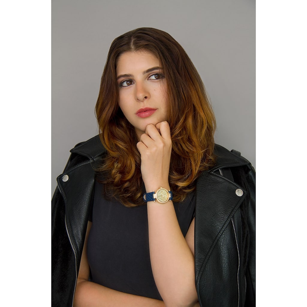 Burgi Women's Swarovski Crystals Quartz Quilted-Design Leather Blue Strap Watch