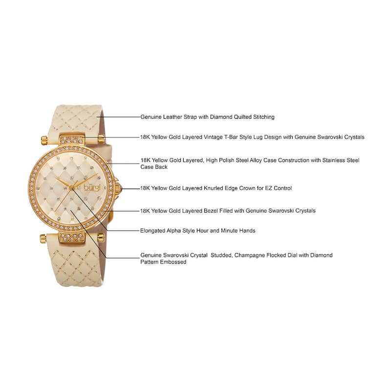 Burgi Women's Swarovski Crystals Quartz Quilted-Design Leather Strap Watch