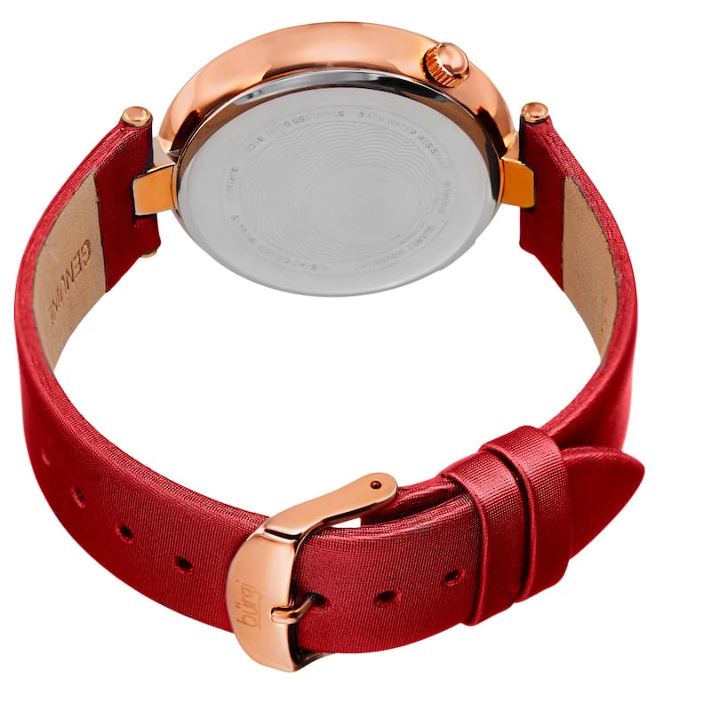 Burgi Women's Japanese Quartz Diamond and Swarovski Accented Satin Silk Strap Watch - RED