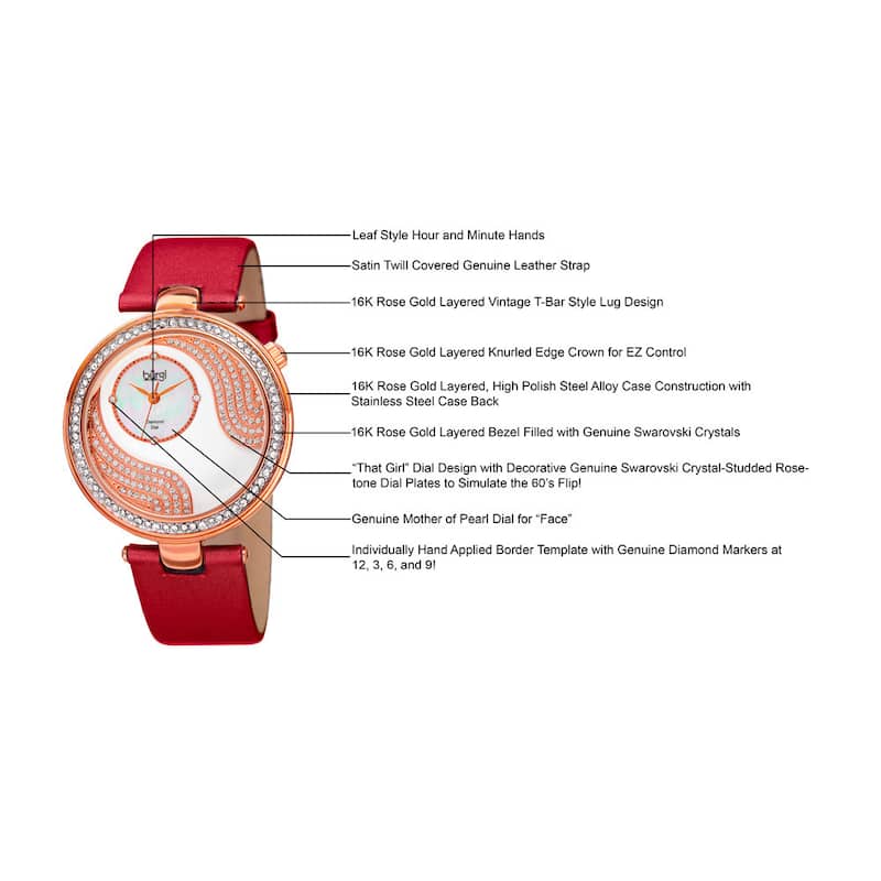 Burgi Women's Japanese Quartz Diamond and Swarovski Accented Satin Silk Strap Watch - RED