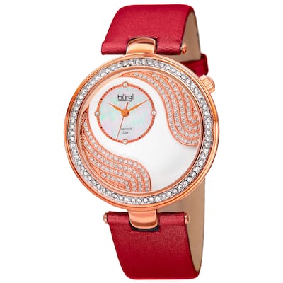 Burgi Women's Japanese Quartz Diamond and Swarovski Accented Satin Silk Strap Watch - RED