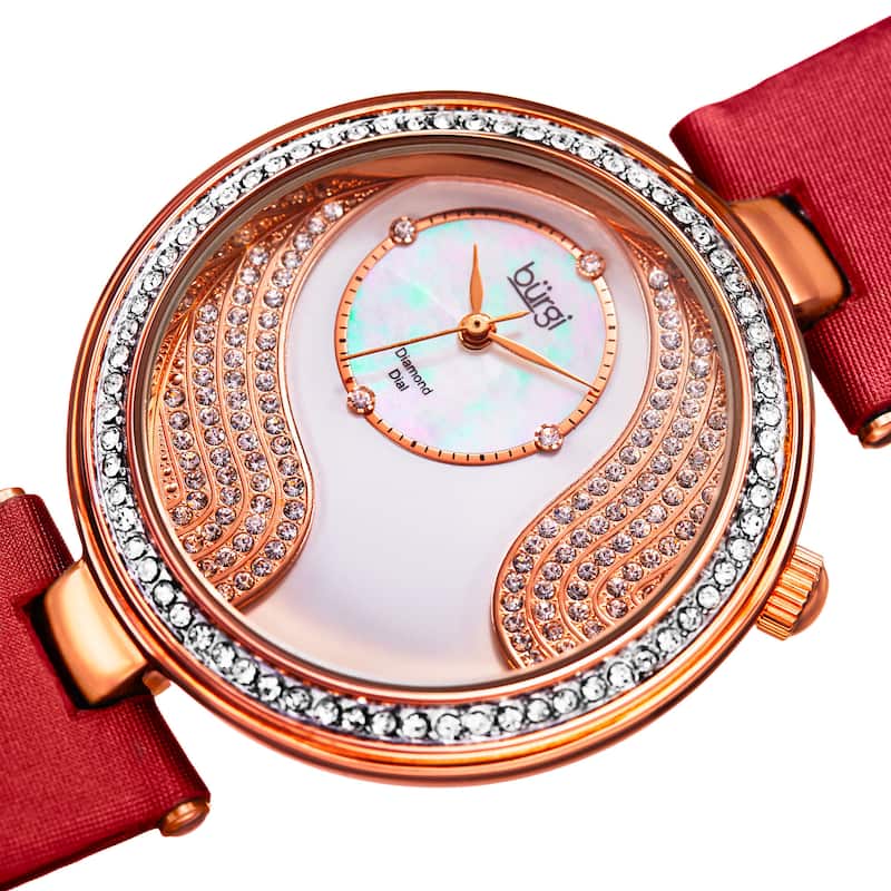Burgi Women's Japanese Quartz Diamond and Swarovski Accented Satin Silk Strap Watch - RED