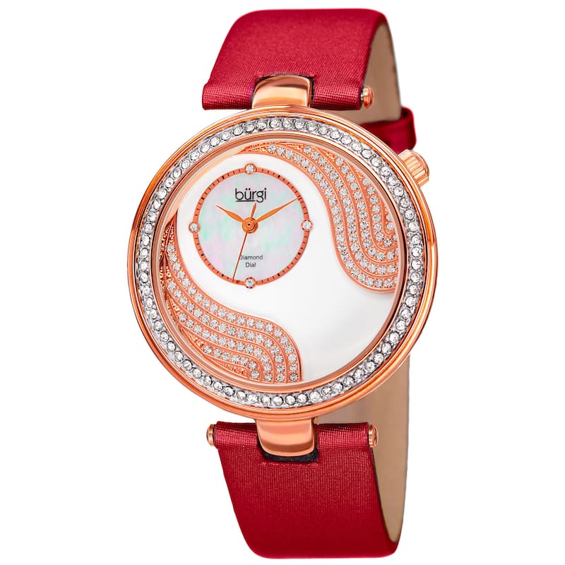 Burgi Women's Japanese Quartz Diamond and Swarovski Accented Satin Silk Strap Watch - RED