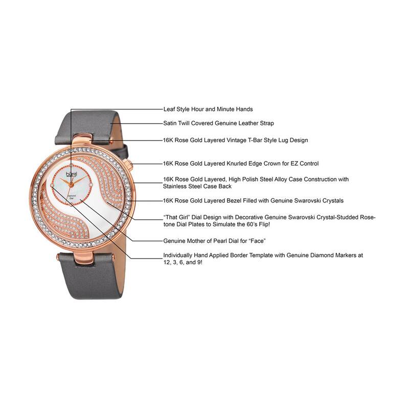 Bürgi Women's Quartz Diamond and Swarovski Accented Satin Silk Grey Strap Watch