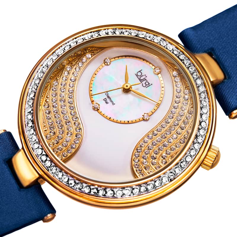 Burgi Women's Japanese Quartz Diamond and Swarovski Accented Satin Silk Strap Watch - BLue