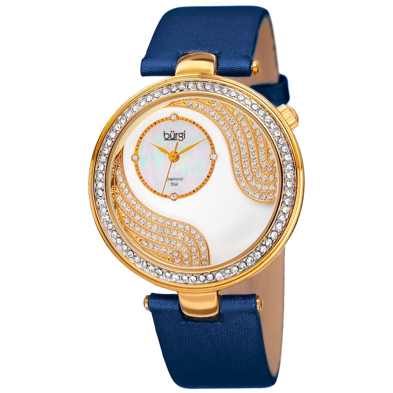 Burgi Women's Japanese Quartz Diamond and Swarovski Accented Satin Silk Strap Watch - BLue