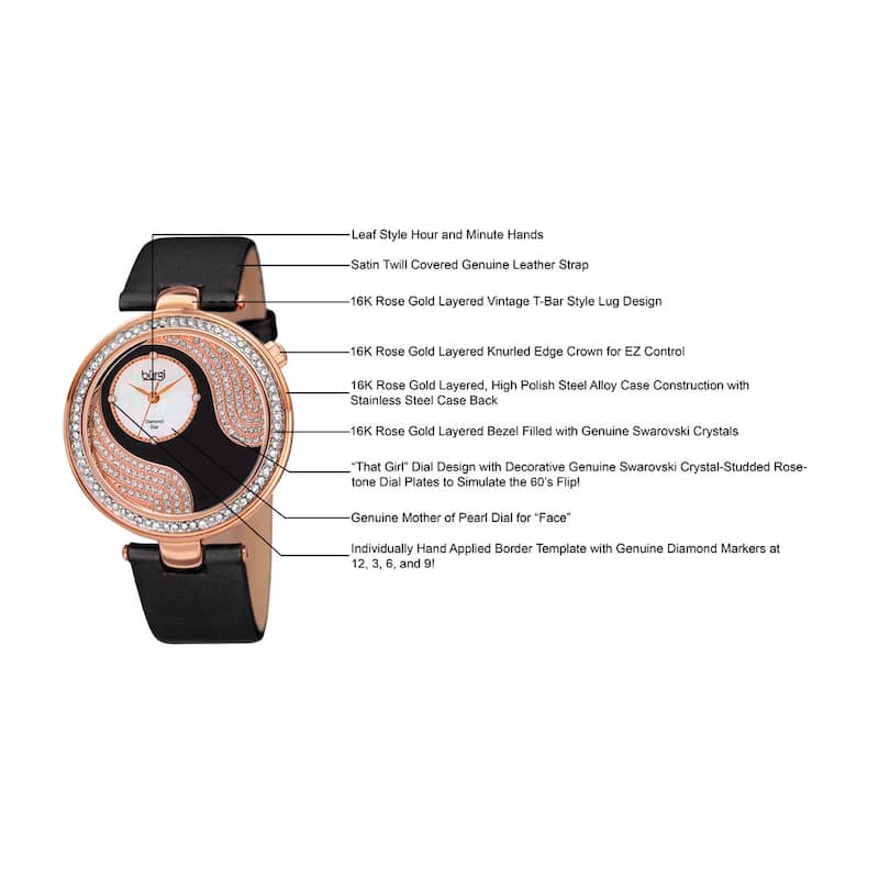 Burgi Women's Quartz Diamond and Swarovski Accented Satin Silk Black Strap Watch