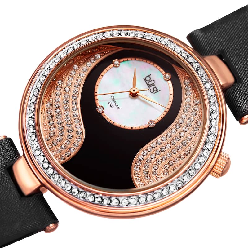 Burgi Women's Quartz Diamond and Swarovski Accented Satin Silk Black Strap Watch