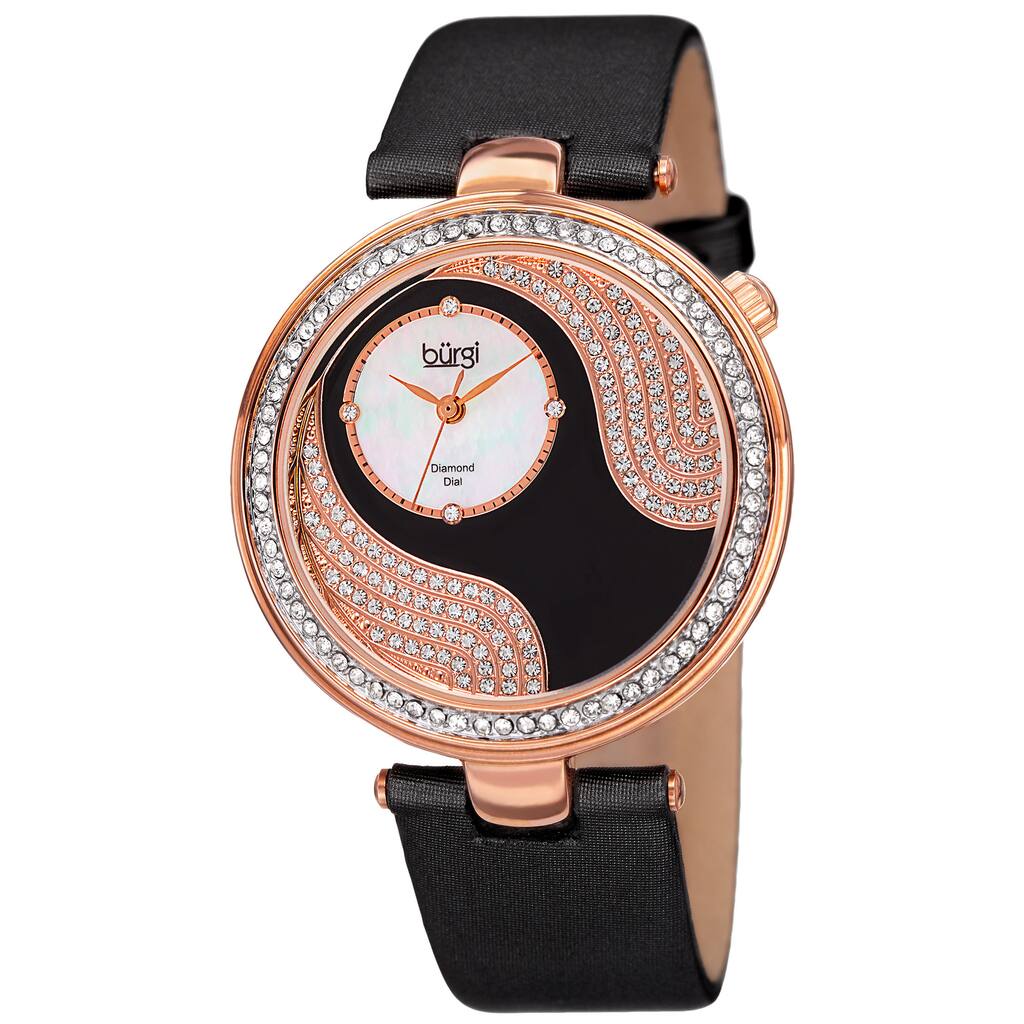 Burgi Women's Quartz Diamond and Swarovski Accented Satin Silk Black Strap Watch