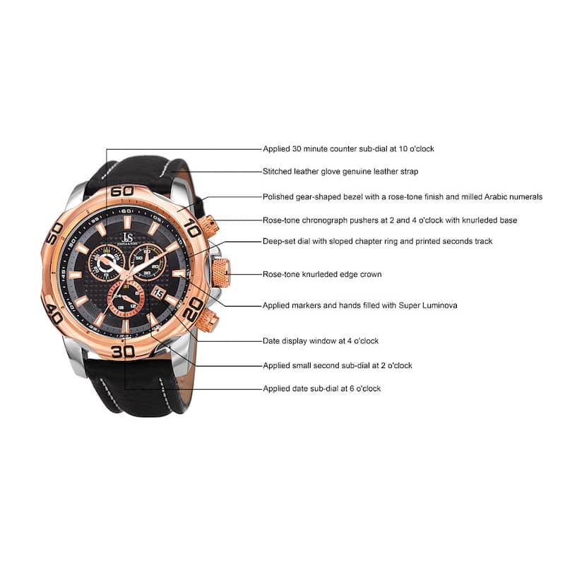 Joshua & Sons Men's Swiss Quartz Chronograph Multifunction Leather Rose-Tone Strap Watch - Gold