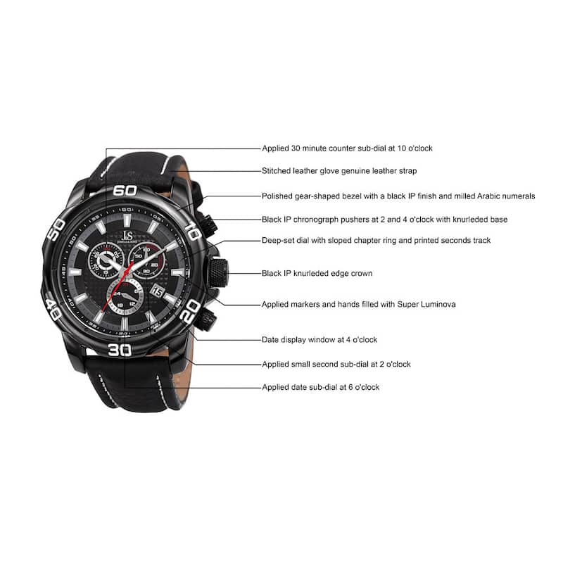 Joshua & Sons Men's Swiss Quartz Chronograph Multifunction Leather Black Strap Watch