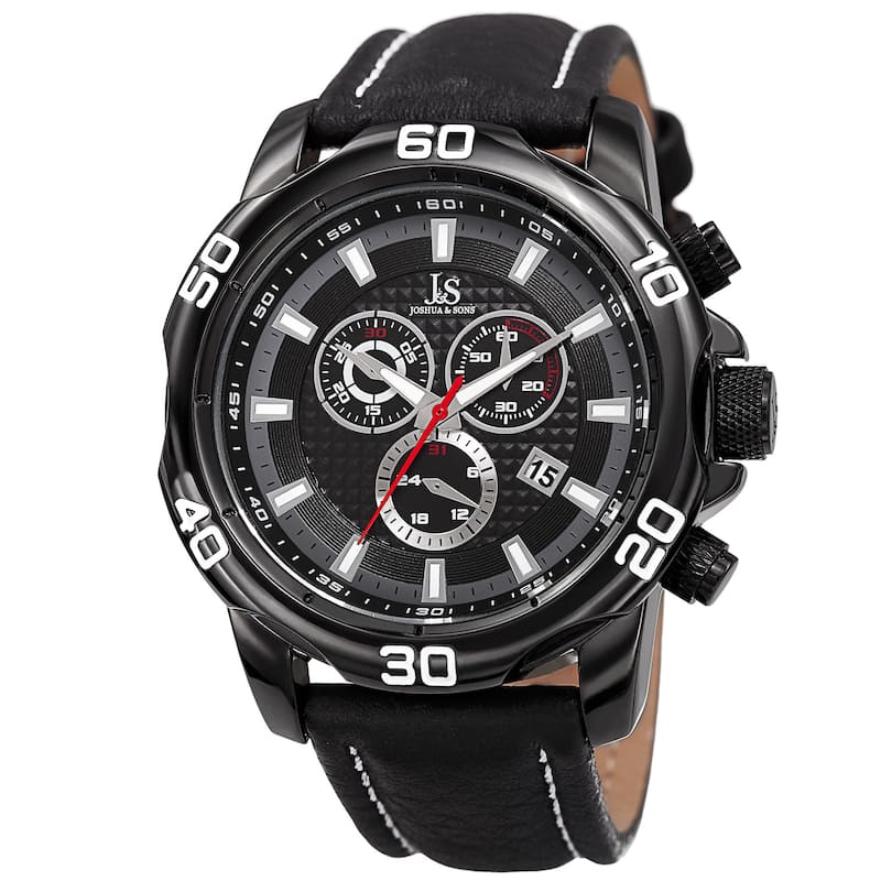 Joshua & Sons Men's Swiss Quartz Chronograph Multifunction Leather Black Strap Watch