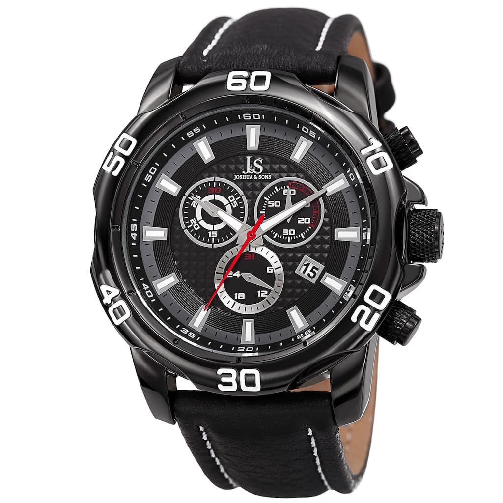Joshua & Sons Men's Swiss Quartz Chronograph Multifunction Leather Black Strap Watch