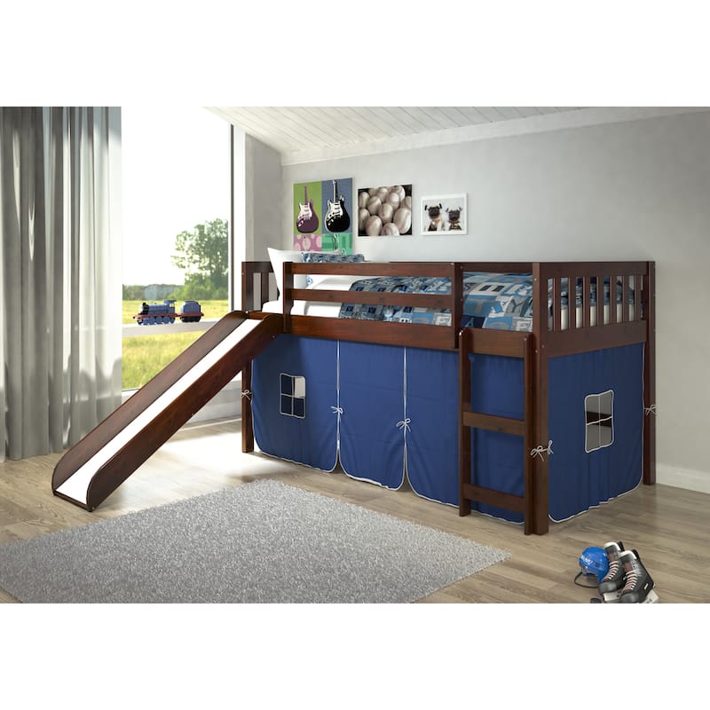Donco Kids Mission Tent Loft Dark Cappuccino Twin Bed with Slide - Twin Loft - Blue Tent