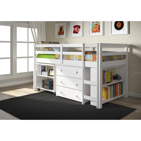 Donco Kids Low Study Brazilian Pine Loft Desk Twin Bed with Chest and Bookcase