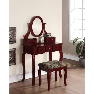 Roundhill Furniture Ashley Wood Cherry Makeup Vanity Table and Stool Set