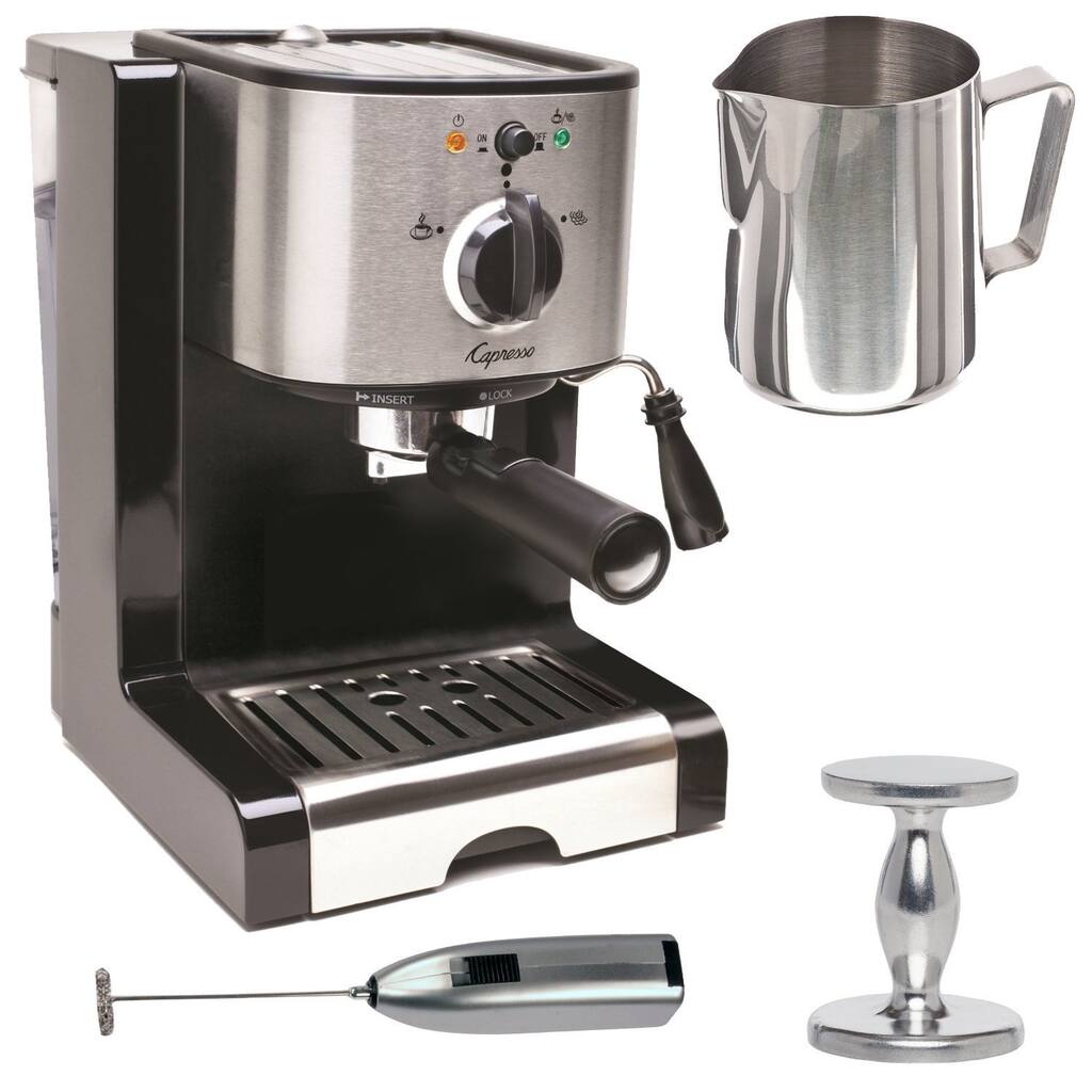 Capresso EC100 Pump Espresso and Cappuccino Machine Bundle + Knox Milk Frother, Frothing Pitcher + Espresso Tamper