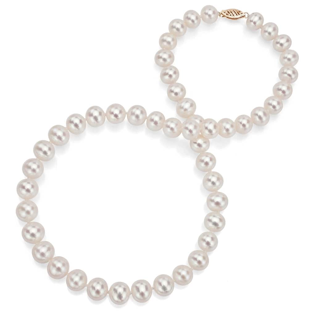 DaVonna 14k Yellow Gold 6-7mm White Freshwater Pearl Necklace
