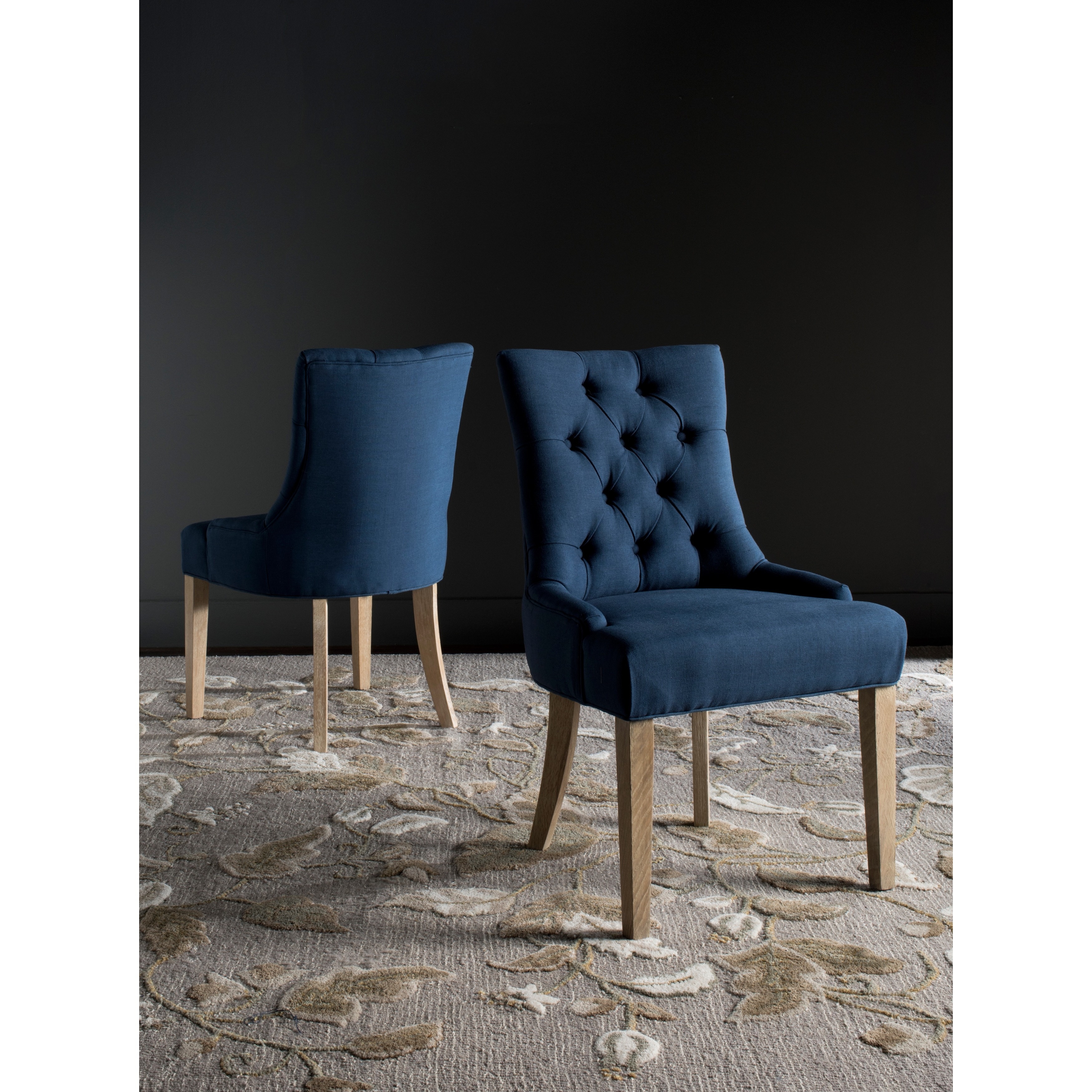 Tan and Black Cane Chairs with Blue Chevron Pillow Top Seat Cushions -  Transitional - Dining Room