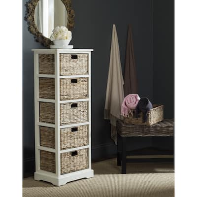 SAFAVIEH Vedette Distressed White 5-drawer Wicker Basket Storage Tower - 17.3" x 13.4" x 46.1"