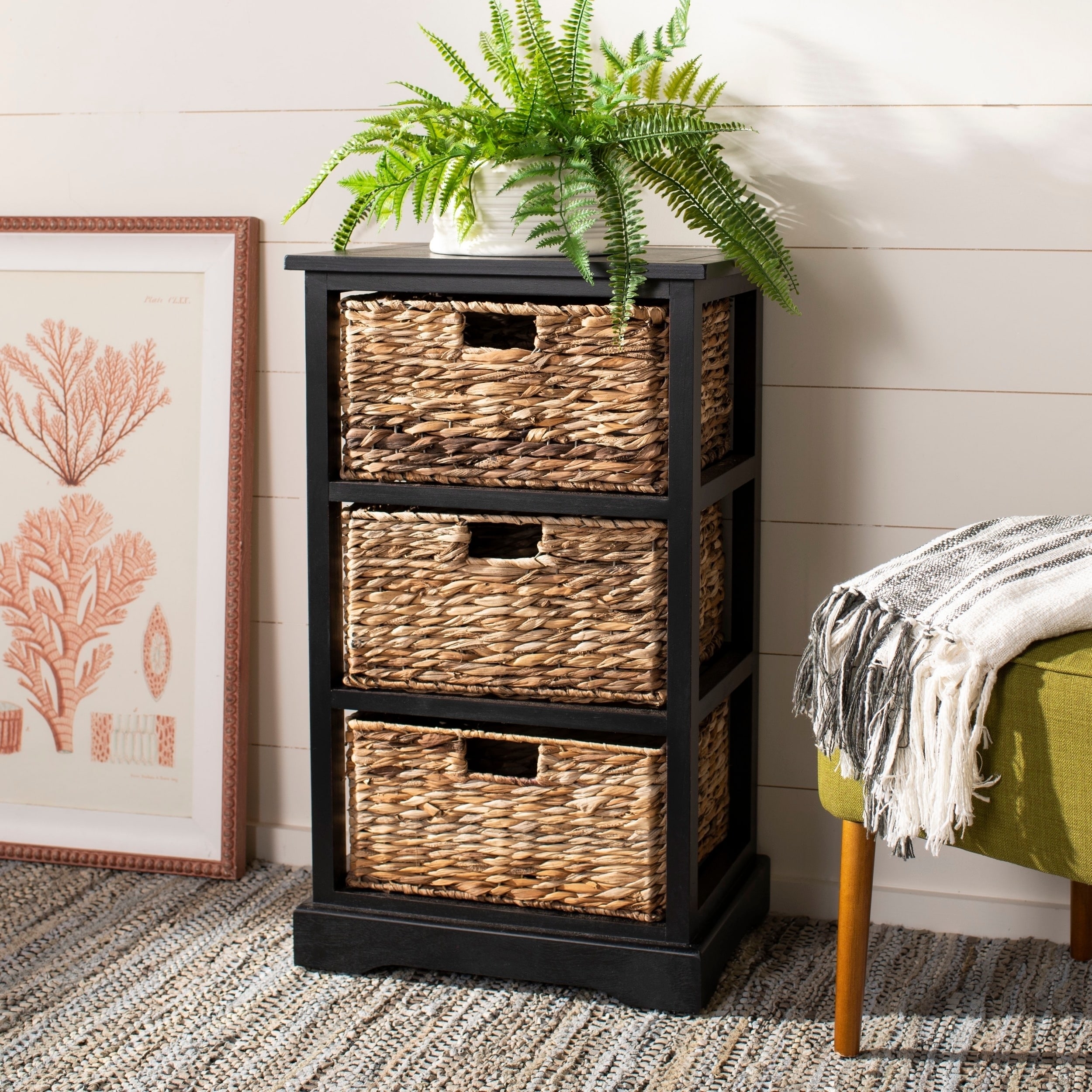 Safavieh Halle Distressed Black 3 Wicker Basket Storage Unit Black 17.3