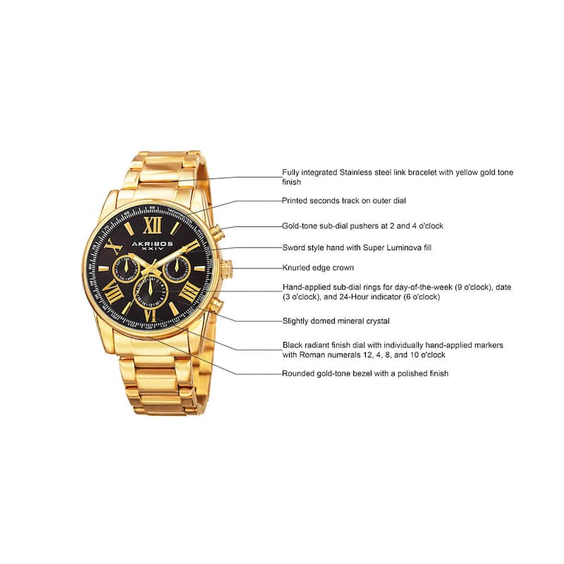 Akribos XXIV Men's Multifunction Tachymeter Stainless Steel Bracelet Watch - Black