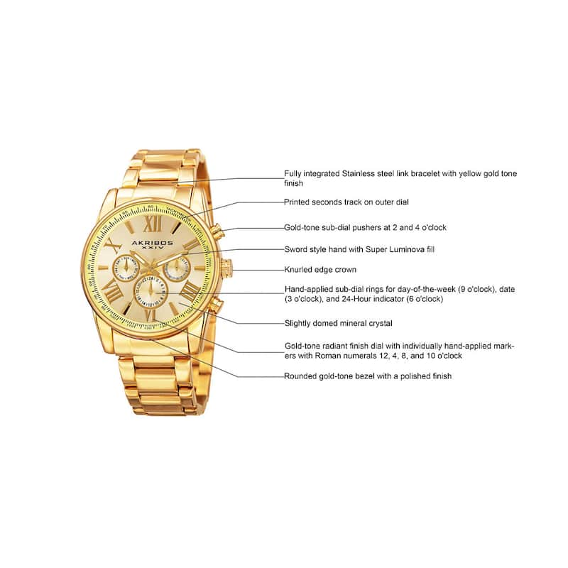 Akribos XXIV Men's Multifunction Tachymeter Stainless Steel Gold-Tone Bracelet Watch - GOLD