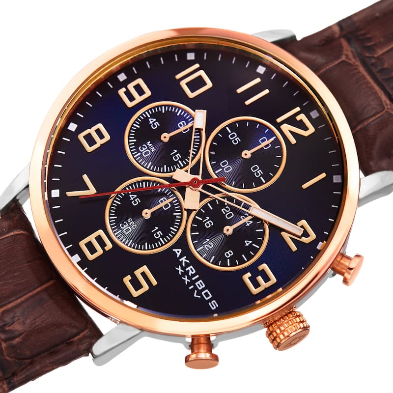 Akribos XXIV Men's Quartz Chronograph Leather Rose-Tone Strap Watch - Blue