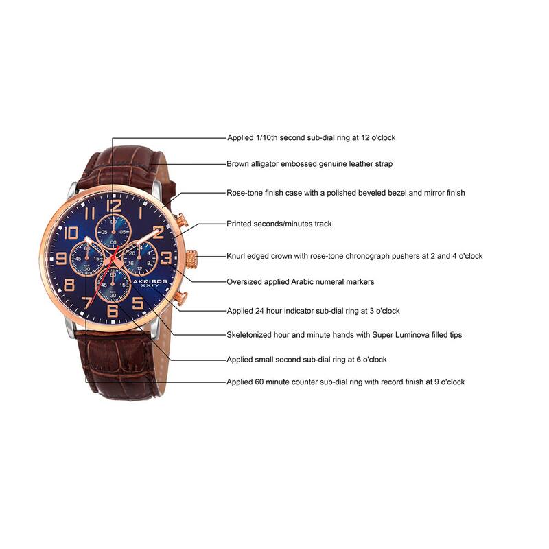 Akribos XXIV Men's Quartz Chronograph Leather Rose-Tone Strap Watch - Blue
