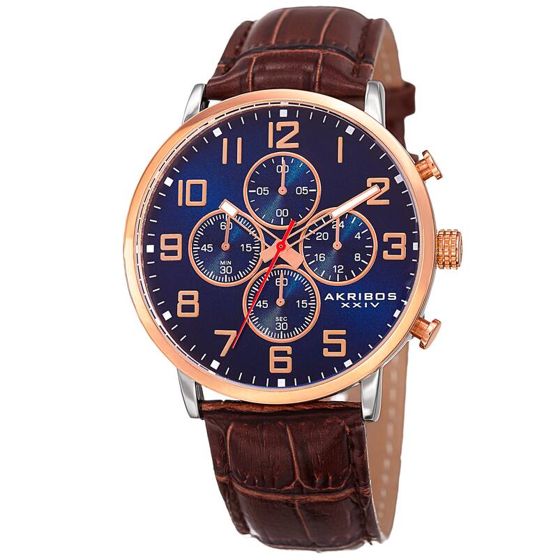 Akribos XXIV Men's Quartz Chronograph Leather Rose-Tone Strap Watch - Blue