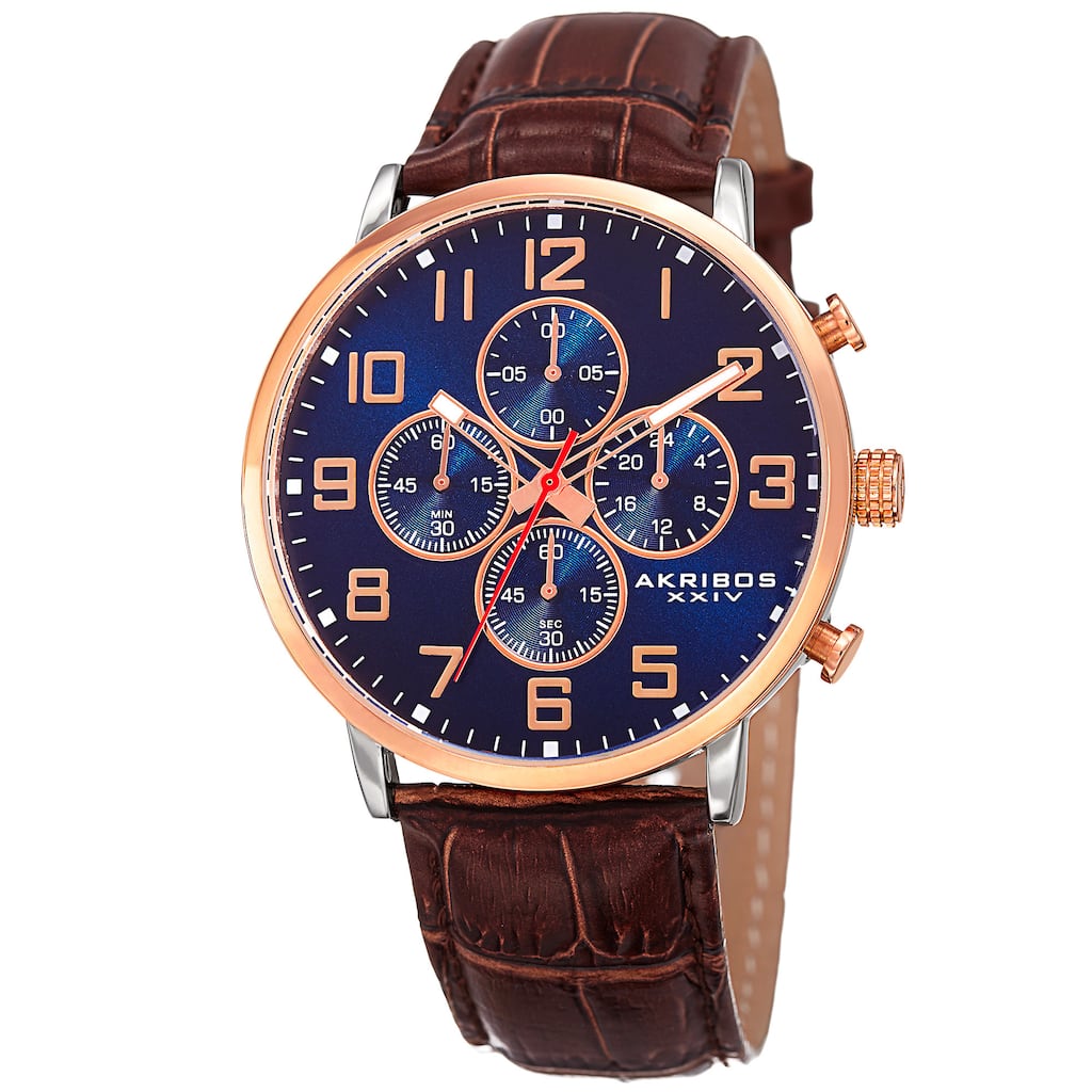 Akribos XXIV Men's Quartz Chronograph Leather Rose-Tone Strap Watch - Blue